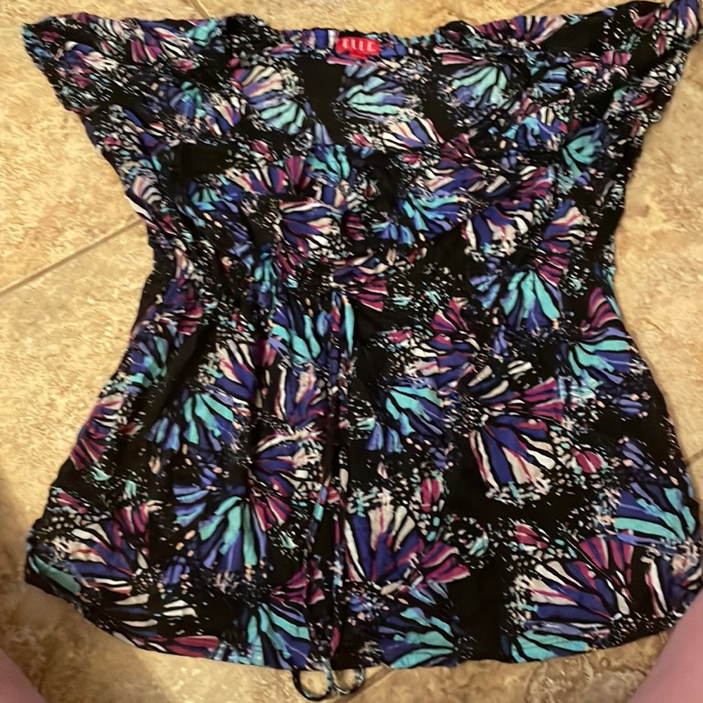 Blue, purple and white print top